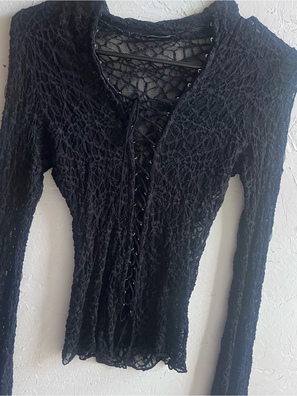 Black Lace-Up Crochet Long Sleeve Top